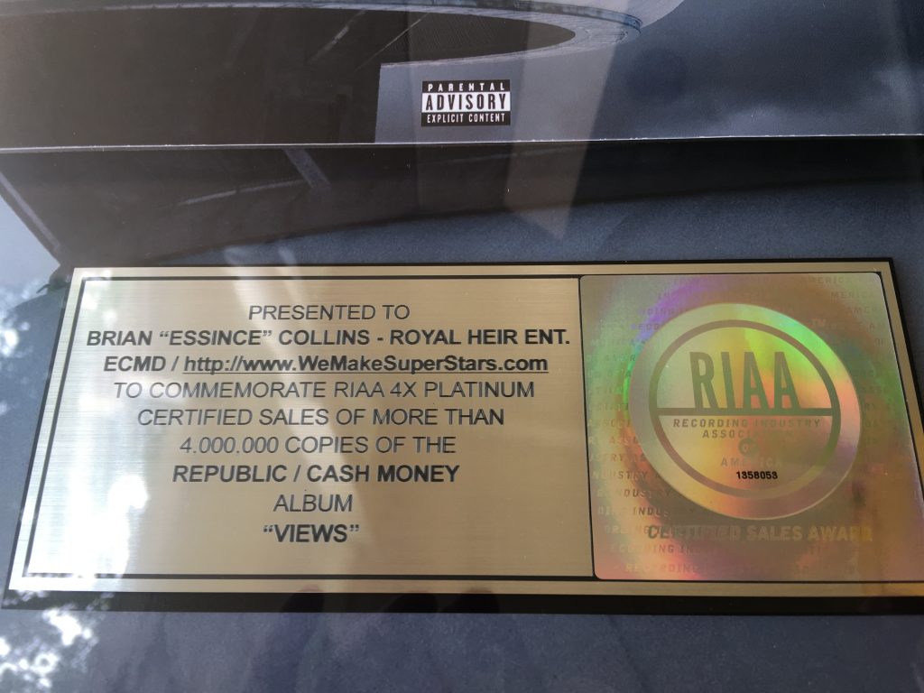 Royal Heir Entertainment platinum plaque for Drake "views", Essince, brian essence collins